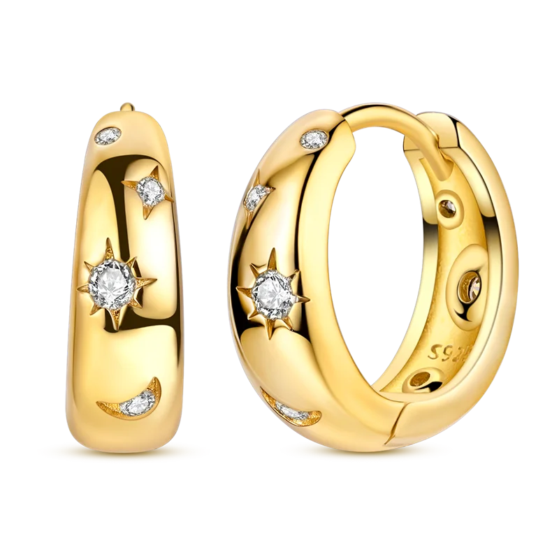 925 Sterling Silver Golden Earring Women 2026 CZ Zircon Hoop Ear Studs Sparkling Pave Moon Star Earring Wedding Anniversary Gift