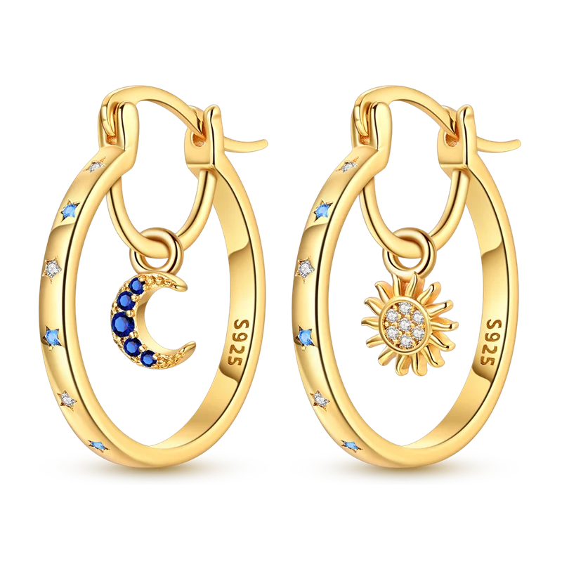 925 Sterling Silver Golden Earring Women 2026 CZ Zircon Hoop Ear Studs Sparkling Pave Moon Star Earring Wedding Anniversary Gift