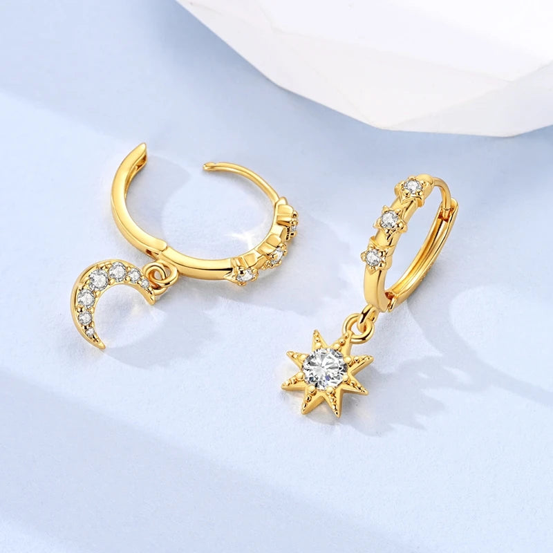 925 Sterling Silver Golden Earring Women 2026 CZ Zircon Hoop Ear Studs Sparkling Pave Moon Star Earring Wedding Anniversary Gift