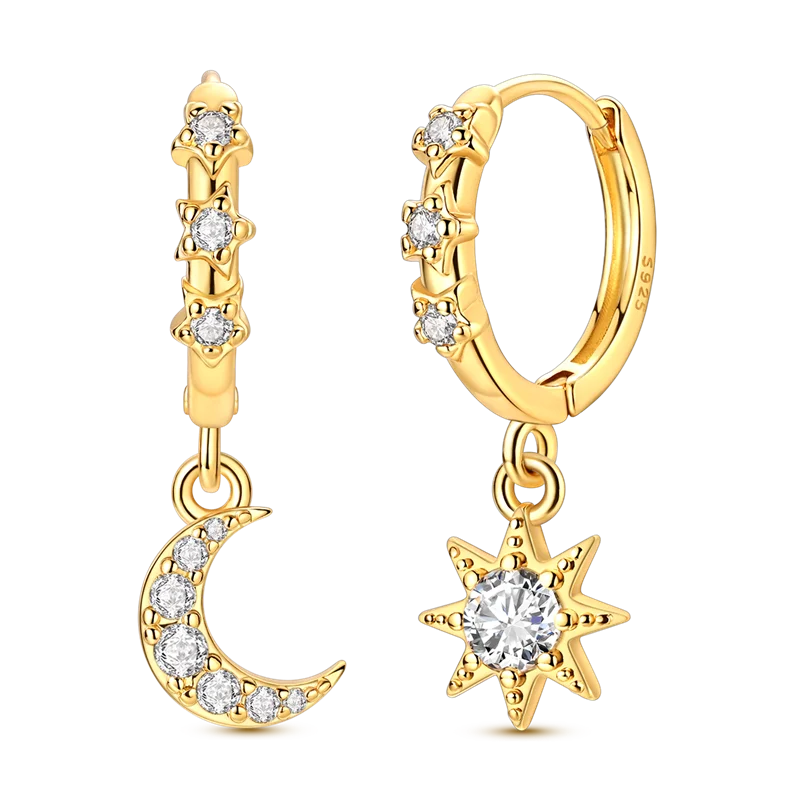 925 Sterling Silver Golden Earring Women 2026 CZ Zircon Hoop Ear Studs Sparkling Pave Moon Star Earring Wedding Anniversary Gift